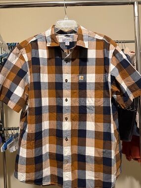 Carhartt Men’s Short-Sleeve Plaid Button-Down Shirt - Brown/Navy/White